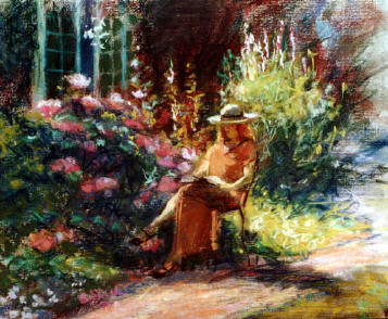"Lady Reading Besides Hydrangeas"